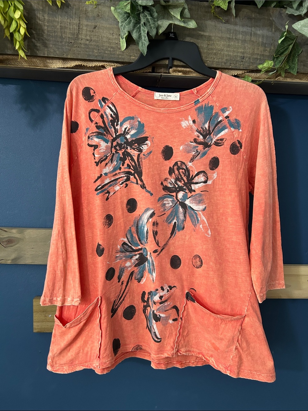 Jess & Jane Coral Floral Pocket Tunic by  Made in USA All Cotton Small